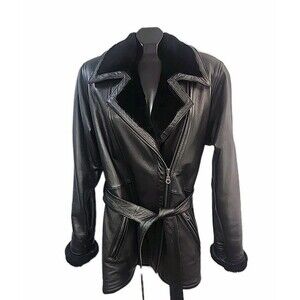 Sean Alexander New York Leather Coat Women Size Large Black Fur Lined Belt Moto